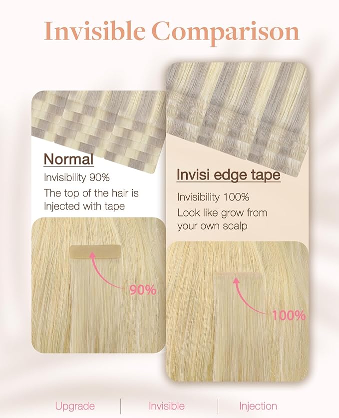 GOO GOO Invisi Edge Tape in Hair Extensions Human Hair, 17/22/60 Balayage Ash Blonde to Golden Blonde and Platinum Blonde, 20pcs 18inch 50g, Virgin Remy Hair, Seamless Injected Tape, Natural Look