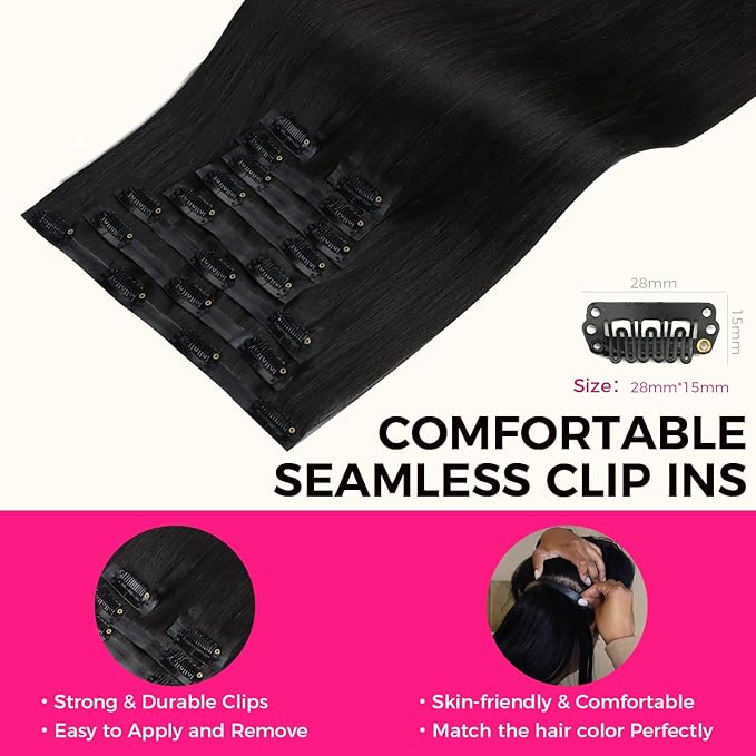 Lashey Seamless Clip in Hair Extensions Human Hair 130g 9pcs #1 Jet Black Light Yaki Straight 14 Inch Clip in Hair Extensions Full Pack with Soft PU Invisi Edge