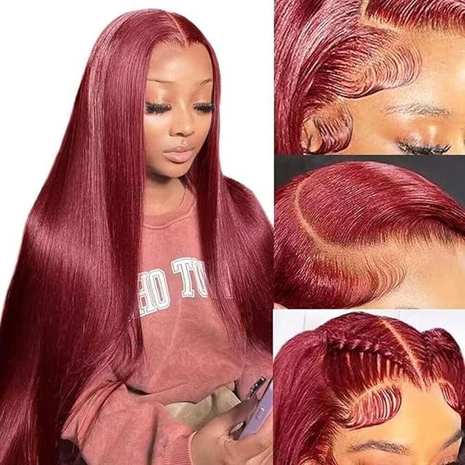 Burgundy Wig Human Hair 30inch 13x6 HD Transparent Lace Straight 99J Red Human Hair Wig Colored Reddish Brown Lace Frontal Wigs 180% Density Pre Plucked