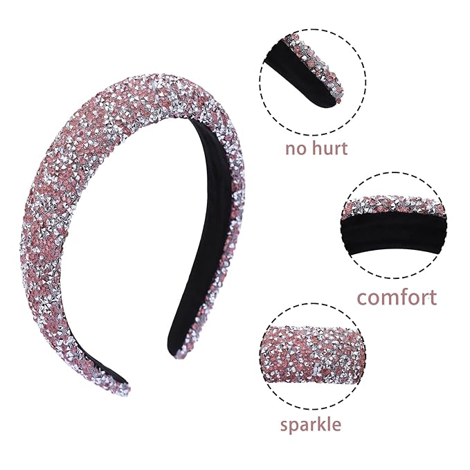 2PCS Rhinestone Wide Headbands for Women Sparkle Padded Headband Fashion Glitter Hairbands Comfort High Elastic Head Band Bling Hair Accessories for Womens Girls Hair