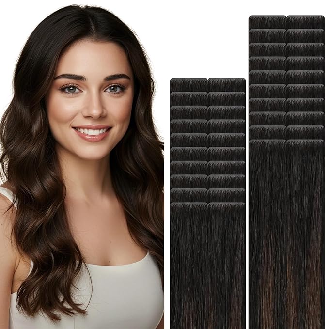 VINBAO Invisi Edge Tape in Hair Extensions Human Hair 20pcs Invisible Injected Tape in Extensions Pro Quality Ombre Natural Black to Chocolate Brown 40g 14inch #1BT4