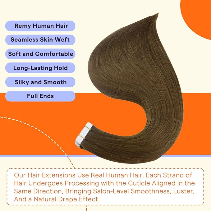 Full Shine Tape in Hair Extensions Human Hair 14 Inch Color 4 Medium Brown Soft Straight Double Sided Human Hair Extensions Tape in 50G Invisible Remy Extensions for Women Real Hair 20Pcs