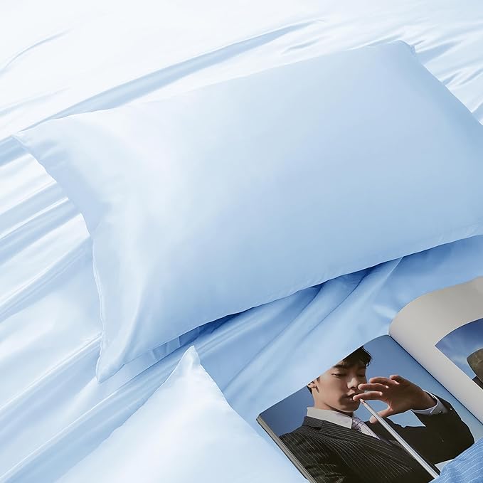 Light Blue Satin Pillowcase Queen Size Set of 2 for Hair and Skin, Light Blue Silk Pillowcase Breathable Pillowcase with Envelope Closure