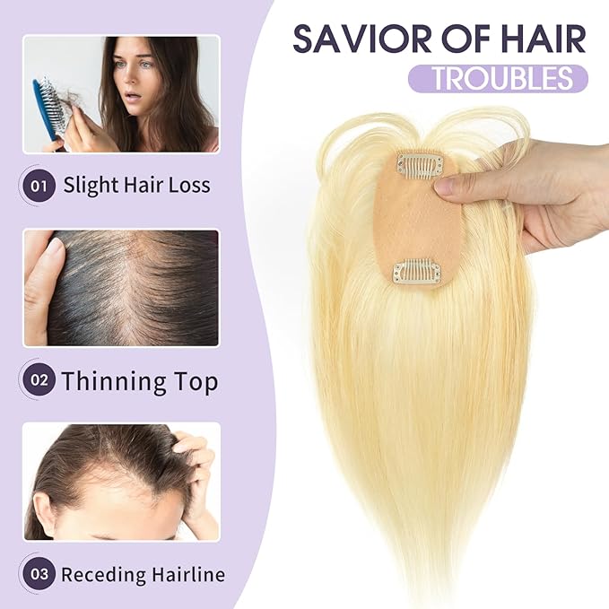 Human Hair Topper with Bangs for Women 14'' Bleach Blonde 100% Remy Human Hair Invisible Hair Piece for Thinning Hair