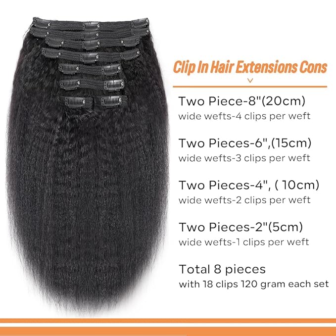 Kinky Straight Clip in Hair Extensions Real Human Hair 8Pcs Remy Human Hair Clip in Extensions for Women, Natural Human Hair 120g 14inch #1B Natural Black