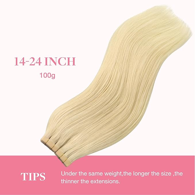 GOO GOO Tape in Hair Extensions Human Hair, 613R Bleach Blonde, 26inch 120g 40pcs, Skin Weft Seamless Invisible, Silky Straight with Thick Ends, Remy Human Hair
