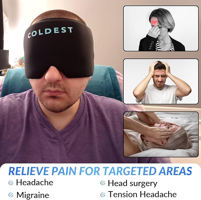 Coldest Gel Ice Headache Migraine Face Relief Hat, Cold Therapy Migraine Relief Cap Migraine Ice Head Wrap Ice Pack Mask, Cold Compress Headache Relief Cap