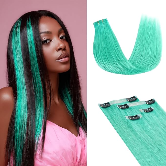 Lashey Green Clip in Hair Extensions Human Hair 4pcs 46g Straight Seamless Clip in Hair Extensions Human Hair with Invisi Edge 18 Inch