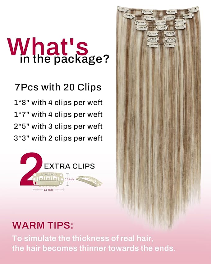 Moresoo Blonde Clip in Hair Extensions Highlight Double Weft Clip Human Hair Extensions Light Brown with Blonde Hair Real Human Hair Clip ins Full Head 7pcs/135g 16inch
