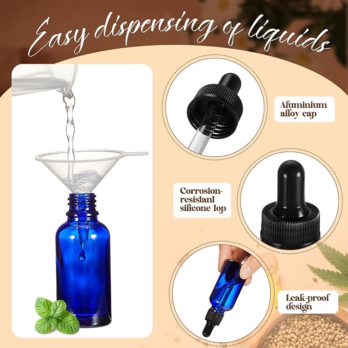 Lallisa 100 Pack Essential Oil Dropper Bottle 30 ml (1 Oz) Glass Dropper Bottles DIY for DIY Essential Oil Perfume with 5 Funnels 5 Pipettes 3ml 100 Labels for Bathrooms, Hotels, Labs (Blue)