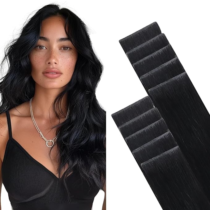 GOO GOO Invisi Edge Tape in Hair Extensions Human Hair, 1 Jet black, 10pcs 16inch 25g, Virgin Remy Hair, Seamless Injected Tape, Natural Look