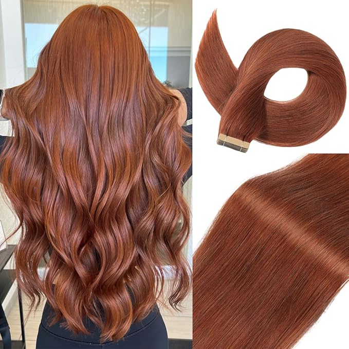 Auburn Brown Tape in Hair Extensions Human Hair, 20pcs 22 Inch Remy Hair Extensions Straight Human Hair Tape in Extensions Skin Weft Invisible Human Hair (#A33,22 Inch)