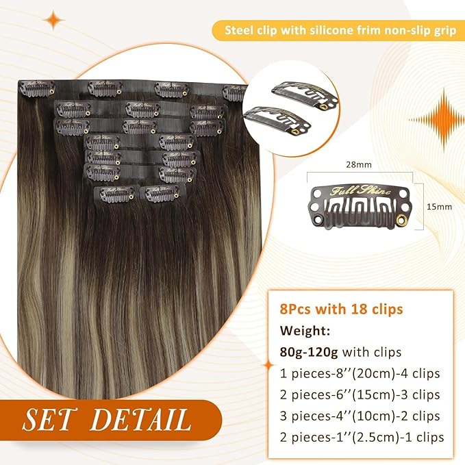 Full Shine Brown Extensions clip in Balayage Brown with Blonde Seamless Hair Extension Short 12 Inch Hair Extensions Clip in Human Hair for Women 12 Inch 95 Grams 8 PCS