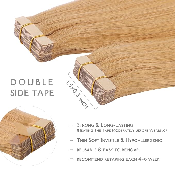 WENNALIFE Tape in Hair Extensions Human Hair, 20pcs 50g 18 inch Strawberry Blonde Remy Hair Extensions Straight Human Hair Tape in Extensions Skin Weft Tape Extensions Human Hair