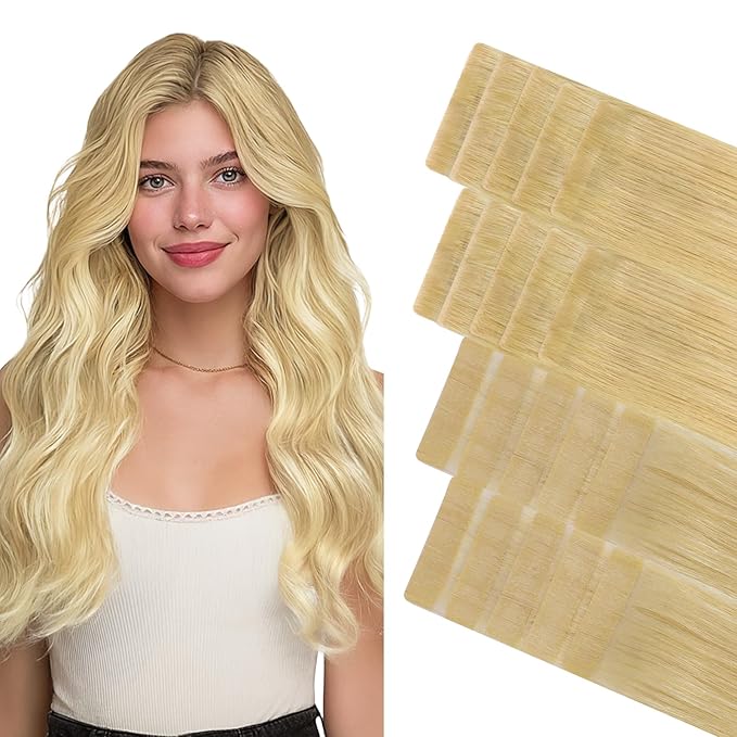 GOO GOO Invisi Edge Tape in Hair Extensions Human Hair, 18AT60A Pearl Ash Blonde Highlights10pcs injected with 10pcs classical tape ins, 24inch 50g, Virgin Remy Hair, Natural Look