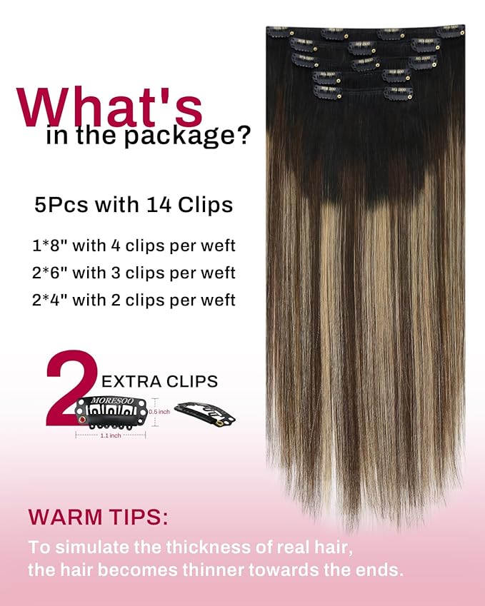 Moresoo Clip in Hair Extensions Real Human Hair Balayage Black to Dark Brown with Caramel Blonde 5pcs 80g Remy Straight Invisible Lace Double Weft Human Hair Clip in Extensions 16inch