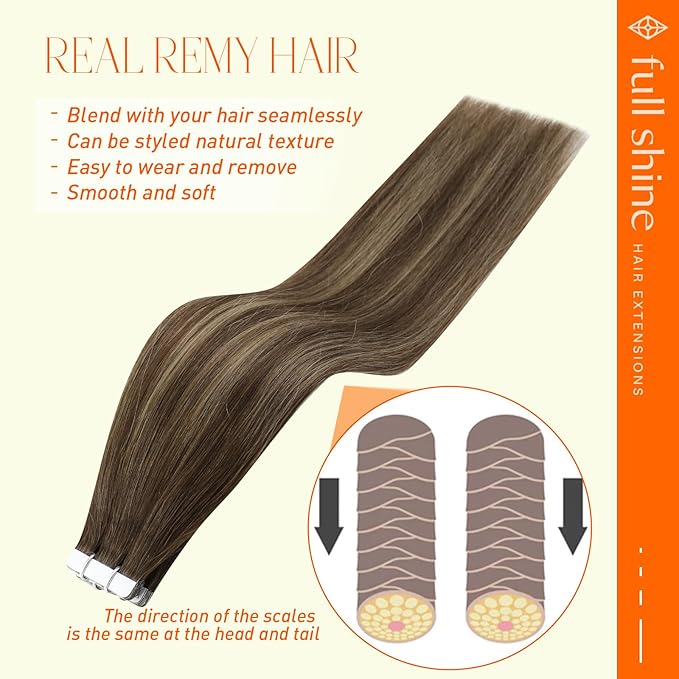 Full Shine Tape In Hair Extensions Human Hair 24Inch Tape in Hair Extensions Real Hair 4 Brown Fading to 24 Blonde and 4 Seamless Hair Extensions Tape In Skin Weft Remy Hair Extensions 50G 20Pcs
