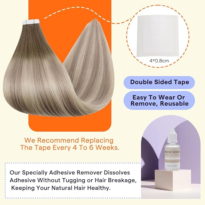 Full Shine Tape in Extensions Real Human Hair 12 Inch Natural Short Hair Extensions Tape in Balayage Color 8/60/18 Ash Brown to Blonde Double Sided Hair Extensions 20PCS Natural 30grams