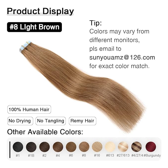 SUYYA Tape in Hair Extensions Human Hair 40g/pack 20pcs Straight Seamless Skin Weft Tape in Real Human Hair Extensions(16inch 8# Light Brown)