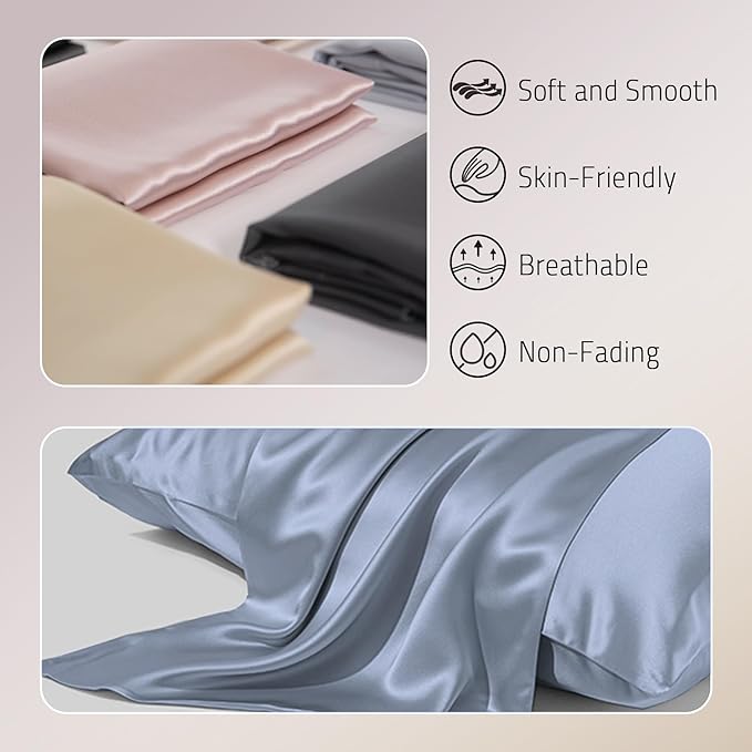 Mulberry Silk Pillowcase for Hair and Skin Prevent Acne Pillow Cases Both Sides Real Silk Pillowcases Organic Silk Pillowcase with Hidden Zipper, Dusty Blue, King (20"×36")