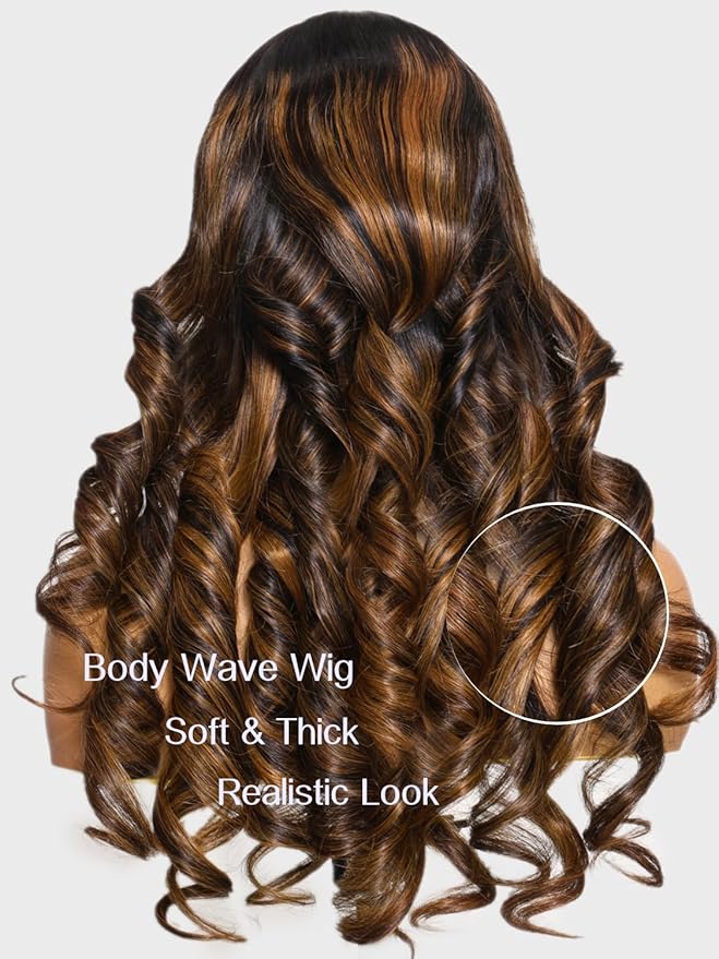 Julia Hair Bye Bye Knots Glueless Wig Highlight Balayage Brown Body Wave 7x5 Pre Cut HD Lace Front Wigs Human Hair Pre Plucked Bleached Knots Pre Everything Ready To Go Ombre Wig 18 Inch