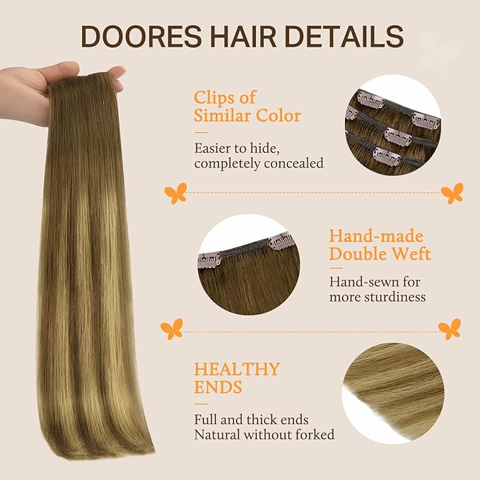 DOORES Hair Extensions Clip in Human Hair, Medium Brown Highlighted Dirty Blonde 150g 9pcs 20 Inch, Real Straight Hair Extensions Remy Extensions