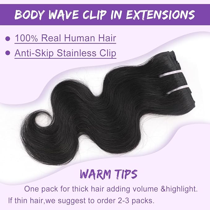 Body Wave Brazilian Clip in Hair Extensions Human Hair 8Pcs Remy Hair Extensions Clip ins for Black Women with 20 Clips 110g (20 Inch, Natural Black)