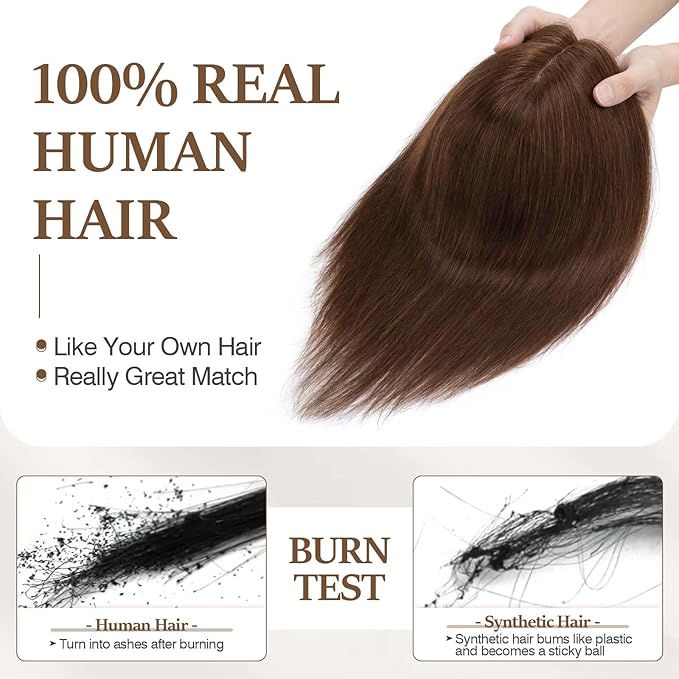 Rich Choices Hair Toppers for Women Real Human Hair 100% Human Remy Toppers NO Bangs for Women with Thinning on Top Clip in Hairpiece 4"x4.7"Lace Base 14 Inch #4 Medium Brown
