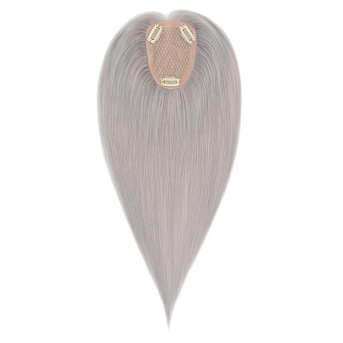 Hairro Human Hair Toppers Free Parted, 3.5x4.7" Base Hand-wovened 100% Real Hairpieces, with Invisible Clips-in for Women, for High Hairline/Adding Volume on Top, 12 Inch Grey