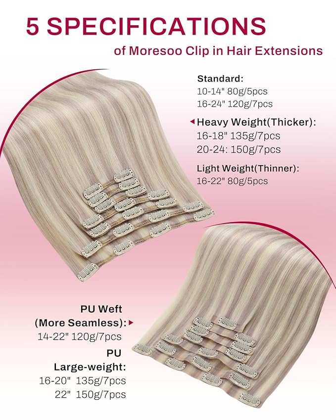 Moresoo Clip in Hair Extensions Real Human Hair Ash Blonde with Bleach Blonde Highlight Clip in Extensions for Short Thick Hair 16inch 135g 7pcs