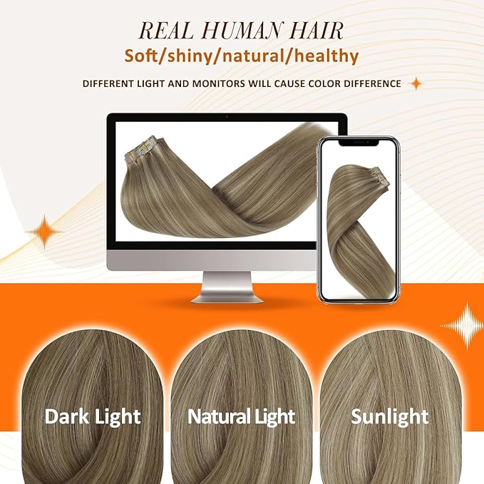 Full Shine Clip in Hair Extensions 20 inch 150g 8Pcs Seamless Clip ins Human Hair Dirty Blonde with Highlights Hair Extensions Ease of Use