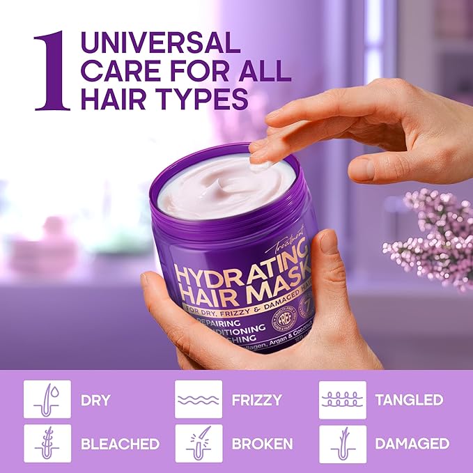 Hydrating Hair Mask – Post Hair Relaxer for Damaged & Dry – Deep Conditioning Keratin Treatment for Curly & Color-Treated – Soft, Smooth, Anti-Frizz & Split Ends Repair with Collagen, Biotin – 10 oz