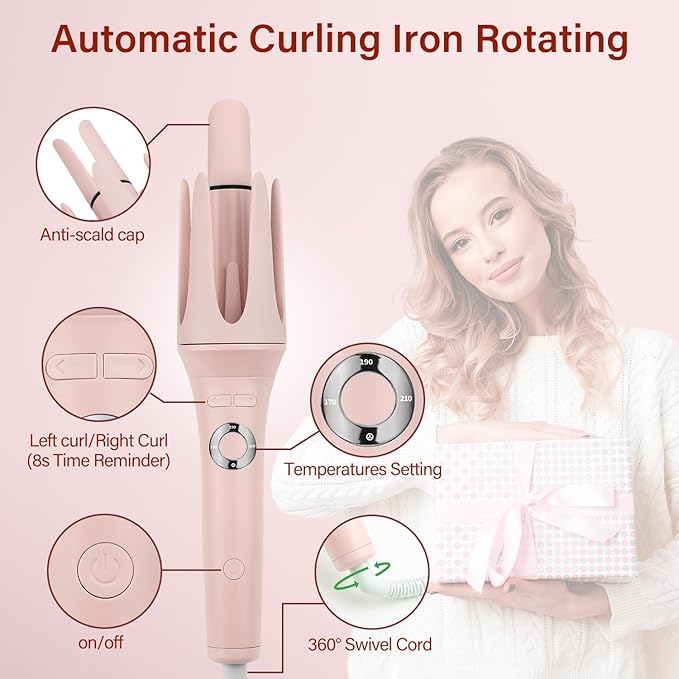 JAMIEWIN 3 in 1 Automatic Curling Iron, Hair Curlers with 3 Curling Barrels (1.1" - 1.26" - 1.57"), Rotating Curling Iron with 3 Temp, 2-Way Rotation, 10S Fast Heating, Anti-Scald, Dual Voltage, Pink