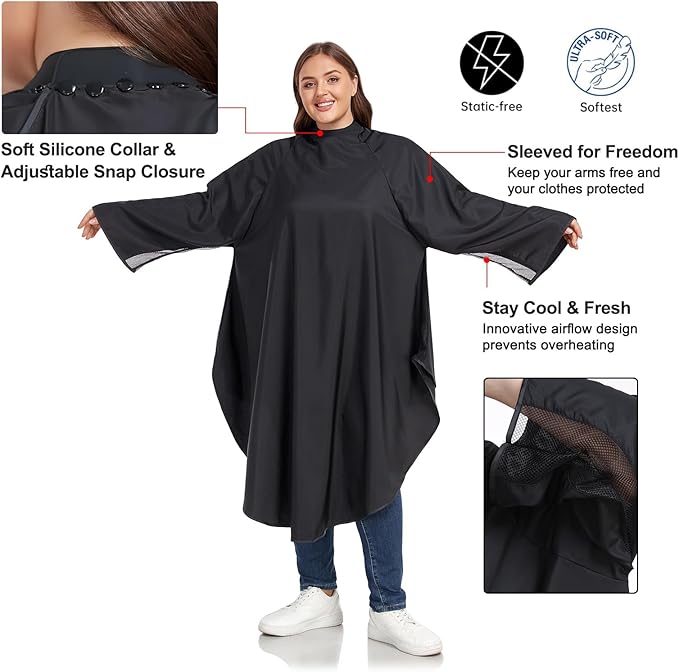 PERFEHAIR Barber & Salon Cape with Soft Silicone Collar & Sleeves | Breathable Hair Cutting Cape with Underarm Mesh | Large, Lightweight & Hair & Water Repellent, Black