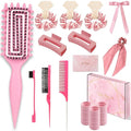 Curly Hair Brush,Curl Defining Brush,Slick Back Hair Brush,Rat Tail Comb,Edge Bristle Brush,Clip Claw,Bow,Satin Scrunchies,No Damage Hair Ties,Scarf Hair Ties,Gifts For Women,Best Gift Set(Pink)