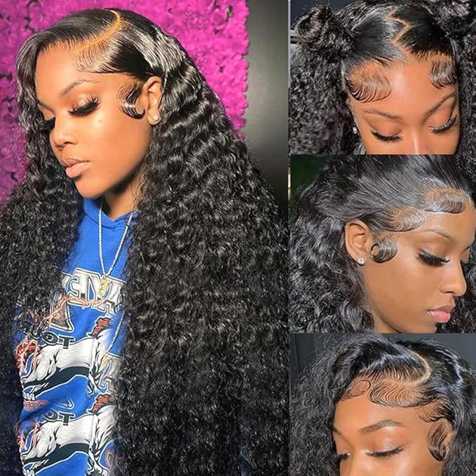 36 Inch Deep Wave Lace Front Wigs Human Hair Pre Plucked 200% Density 13x6 HD Lace Frontal Wigs with Baby Hair Deep Curly Wet and Wavy Glueless Wigs for Women (Natural Black, 36 Inch)