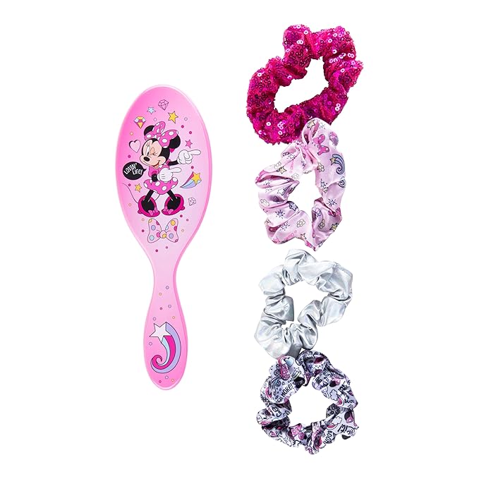 LUV HER Disney Junior Minnie Mouse Hair Accessory 5 Pcs Set - 1 Large Minnie Mouse Hair Brush + 4 Scrunchies