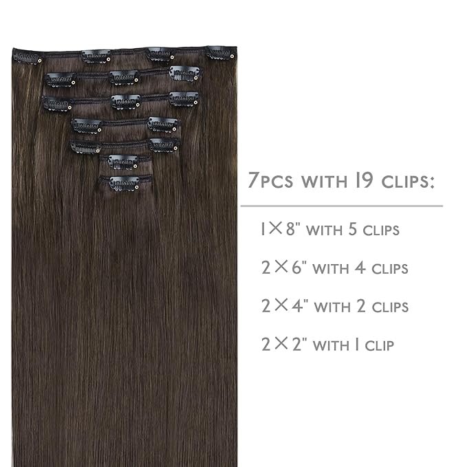 WENNALIFE Clip in Hair Extensions Real Human Hair, 22 Inch 120g 7pcs Human Hair Extensions Clip In Human Hair, Cool Dark Brown Clip In Real Hair Coloured Remy Human
