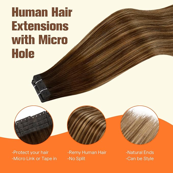 Full Shine Tape with Holes in Human Hair Extensions Color 4/24/4 Medium Brown to Blonde and Medium Brown 18INCH Human Hair Tape in Extensions Balayage Tape Extensions 50G 20PCS Seamless