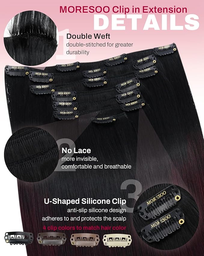 Moresoo Clip in Hair Extensions Remy Double Weft Human Hair Clip in Extensions Balayage Straight Hair Extensions for Women Ombre Black with Burgundy 7pcs 120g 16inch