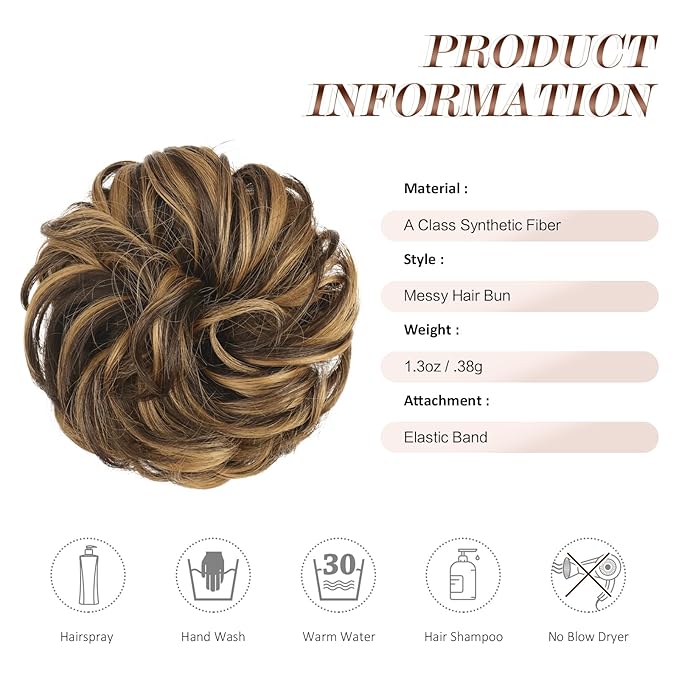 FESHFEN Messy Bun Hair Piece - Elastic Wavy Curly Hair Bun Scrunchies Extensions Synthetic Chignon Hairpieces for Women Girls, Brown Highlighted Caramel Blonde 1.5 oz