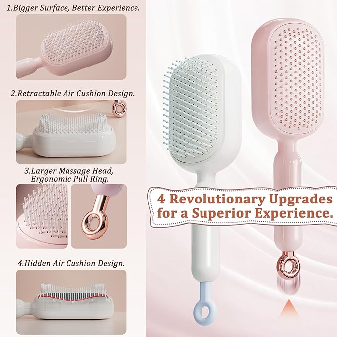 Retractable Cushion Massage Comb Brush, Pull Ring Cushion Massage Brush, Anti-Static Easy-Clean Massage Comb, Portable Travel, Smooth Clean Detangling Comb for All Hair Types(White)