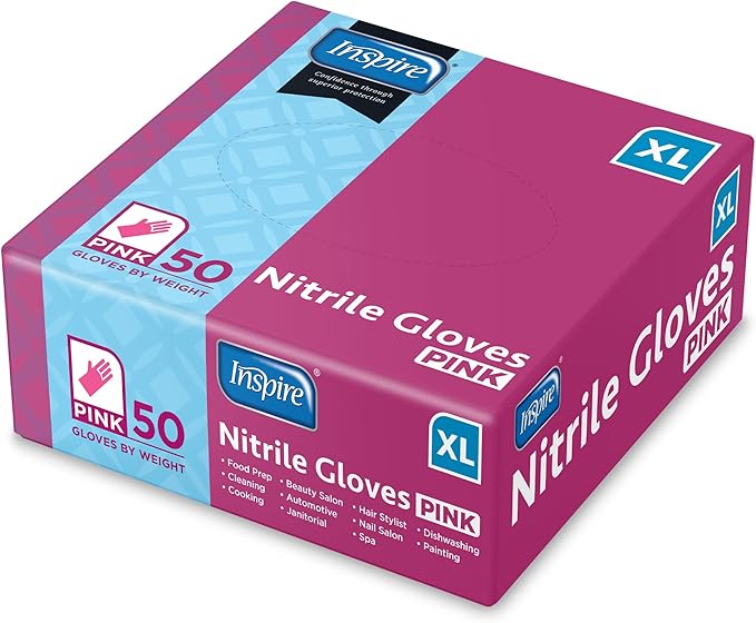 Inspire Pink Gloves Disposable Latex Free | Nitrile Pink Glove Hair and Nail Salon, Esthetician Nitrile Disposable Gloves
