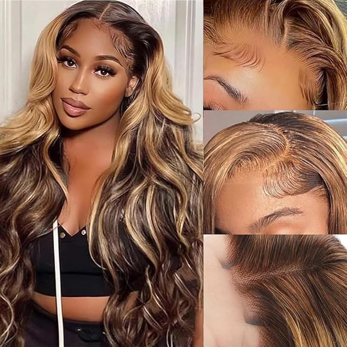210% Density 13x6 Highlight Ombre Full Lace Frontal Wigs Human Hair 12A Body Wave Brazilian Human Hair Pre Plucked 4/27 Honey Blonde HD Glueless Transparent Lace with Baby Hair 28 Inch