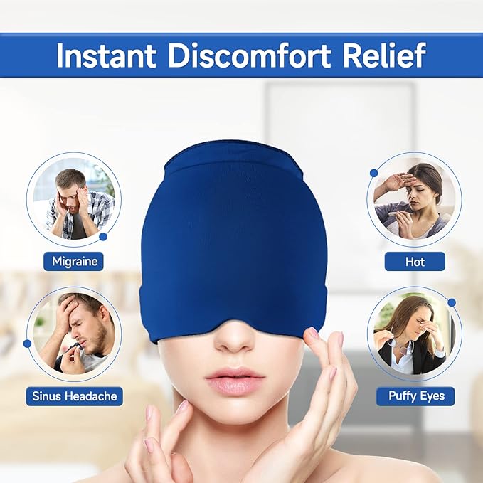 Wearable Ice Cap for Migraines, Headache Relief Hat for Tension Sinus Headache Eye Fatigue Fever Relief, One-Piece Design Fit All Head Ice Pack Cap, Hot Cold Compressed Therapy Head Migraine Hat(Blue)