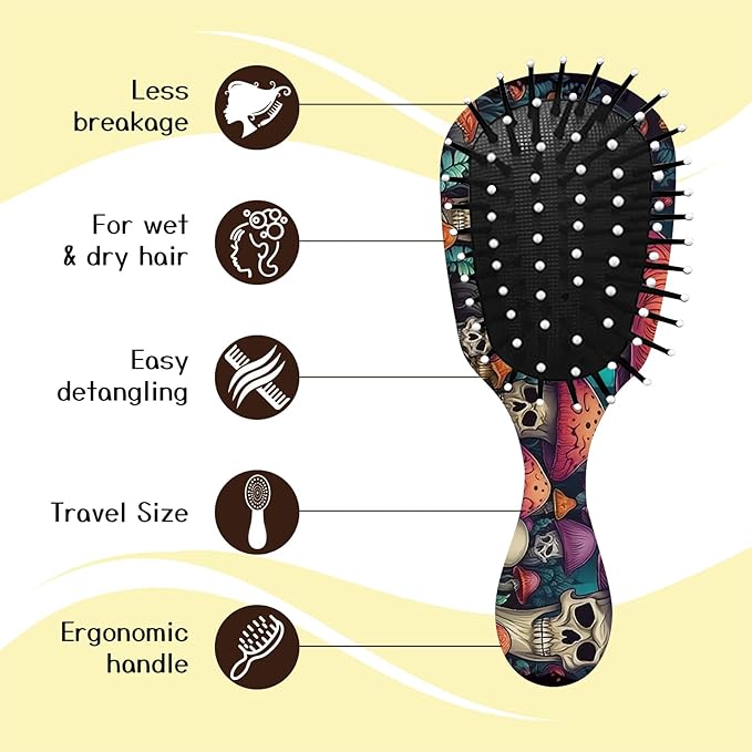 Mini Hair Brush,Cute Detangling Travel Hair Brush,Soft Bristles for Effortless Tangle Removal,Detangler Hairbrush for Women Men Boys Girls Kids Wet Dry All Hair Types (Skeleton Mushroom, Mini)