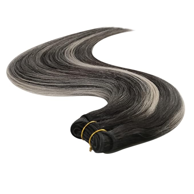 YoungSee Black Weft Hair Extensions Human Hair Balayage Sew in Hair Extensions Ombre Double Weft Human Hair Extension Natural Black Mix Silver Blonde 16 inch 100g