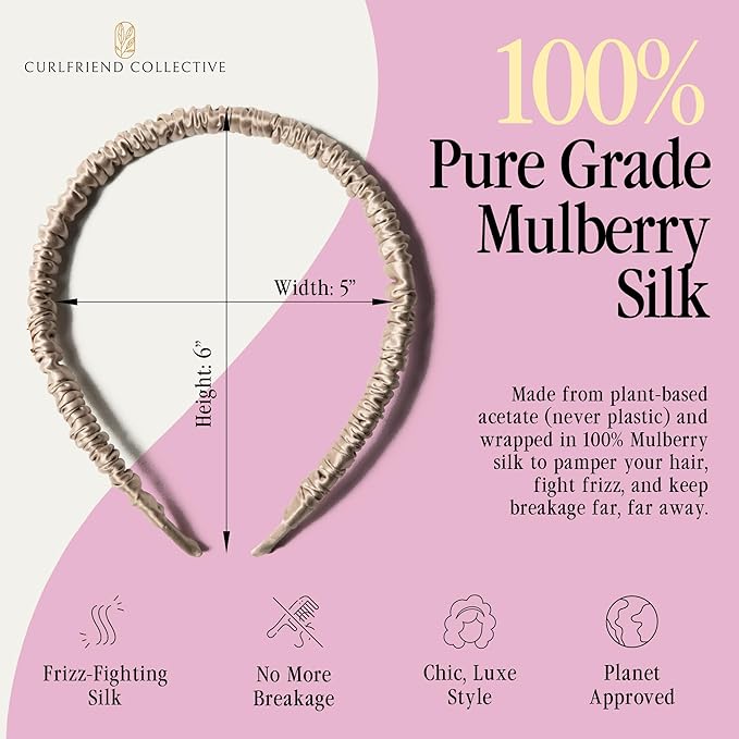 Curlfriend Collective Gray Daze Comfort Curve Headband – Luxe 100% Mulberry Silk, Elegant Wide Hair Accessory for Women - No-Slip, No Headache, Gentle on Hair, Chic Design for Curly & Textured Hair