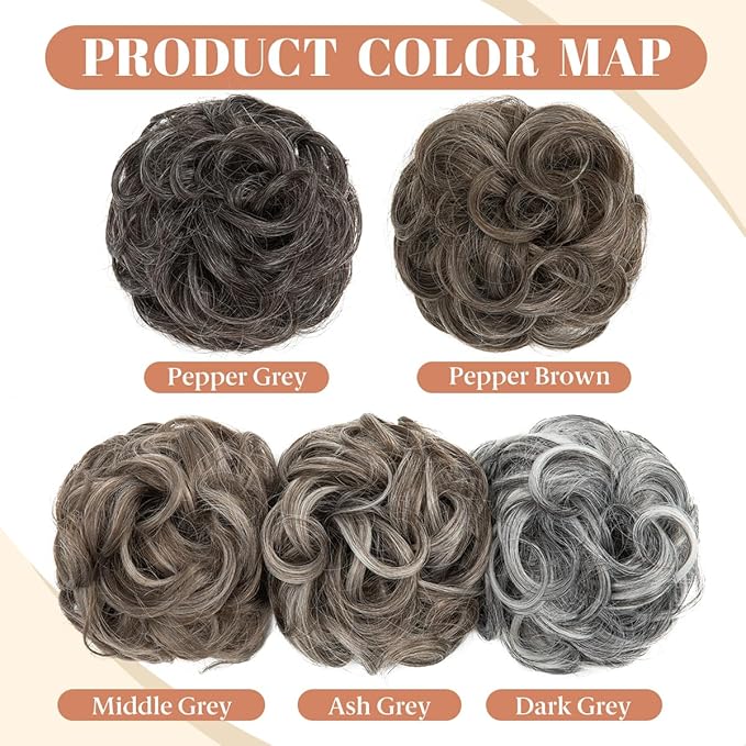 CJL HAIR 2PCS Messy Bun Hair Pieces Wavy Curly Synthetic Updo Chignon Fake Scrunchies Ponytail Extension for Women Pepper Grey