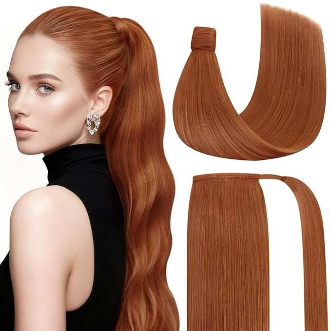 Ve Sunny Hair Extensions Ponytail Real Human Hair Wrap Around Clip in Ponytail Hair Extensions Straight Extensions Human Hair for Women Copper 18inch 80G